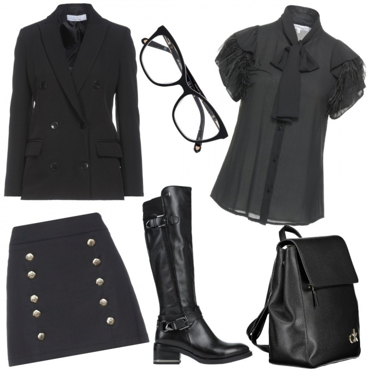 Outfit donna - School time. Stile Bon Ton per Scuola/Università. Abbinamento con stivali, camicie a manica corta, minigonne, blazer, occhiali da sole, zaini.