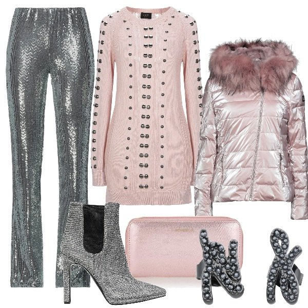 Outfit donna - Serata brillantissima. Stile Trendy per Serata fuori. Abbinamento con pullovers, piumini, pantaloni, stivaletti, orecchini, portafogli.