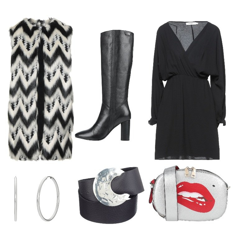 Outfit donna - Gilet in eco-pelliccia e abito nero. Stile Chic per Ufficio. Abbinamento con vestiti corti, cappotti, stivali, borse a tracolla, cinture, orecchini.