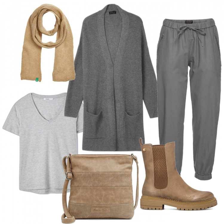 Outfit donna - Grigio e beige. Stile Basic per Tutti i giorni. Abbinamento con pantaloni, t-shirt, cardigans, stivaletti, borse a tracolla, sciarpe.