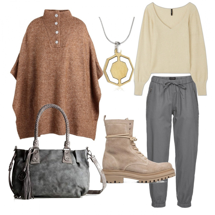 Outfit donna - La cappa con i bottoni. Stile Casual chic per Tutti i giorni. Abbinamento con pantaloni, cappe, pullovers, stivaletti, borse a mano, ciondoli.