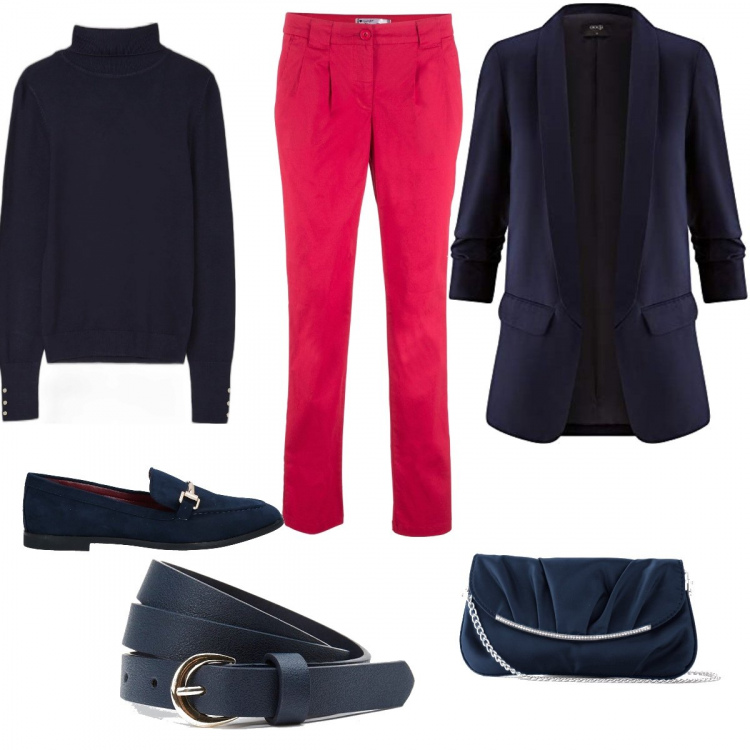Outfit donna - BASIC and minimal. Stile Basic per Tutti i giorni. Abbinamento con pochette, pantaloni chino, mocassini, maglieria, cinture, blazer.