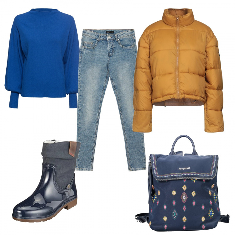 Outfit donna - Giornata umida. Stile Basic per Scuola/Università. Abbinamento con maglieria, piumini, jeans skinny, stivali di gomma, zaini.