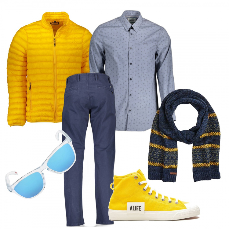 Outfit uomo - Giallo blu. Stile Casual per Tutti i giorni. Abbinamento con sneakers alte, sciarpe, pantaloni, camicie, occhiali da sole, piumini.
