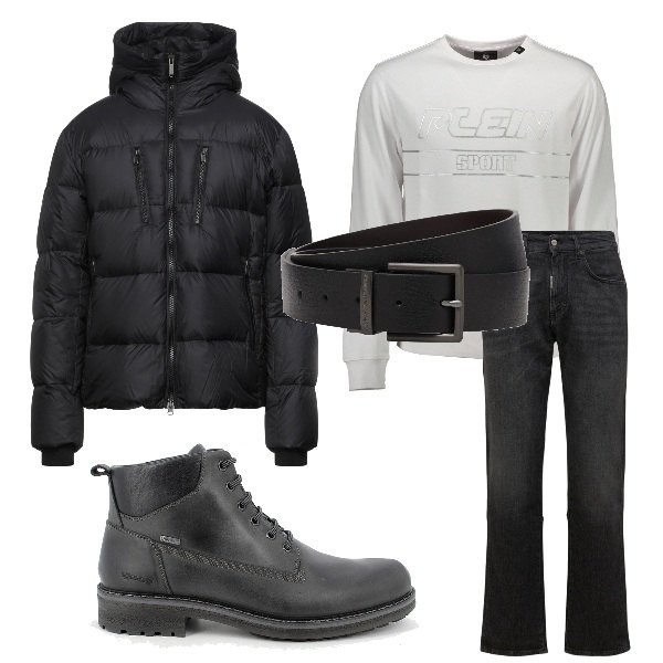 Outfit uomo - Il piumino comodo e caldo. Stile Casual per Tutti i giorni. Abbinamento con stivali e stivaletti, piumini, jeans dritti, cinture, felpe.