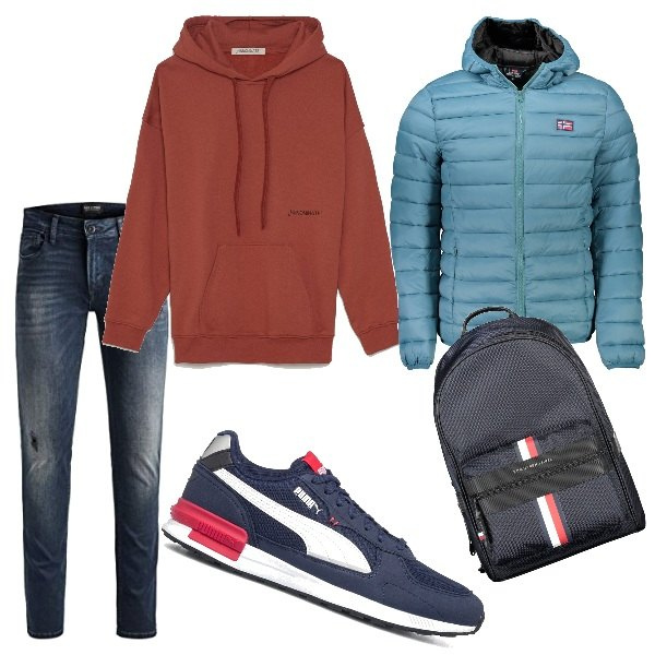 Outfit uomo - Look uomo tutti i giorni. Stile Urban per Tutti i giorni. Abbinamento con felpe con cappuccio, sneakers, giacche, jeans skinny, borse sportive.