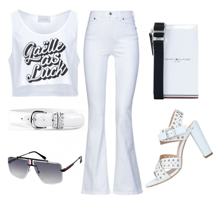 Outfit donna - Trendy in total White. Stile Trendy per Tutti i giorni. Abbinamento con cinture, sandali col tacco, jeans slim fit, borse a tracolla, canottiere, occhiali da sole.