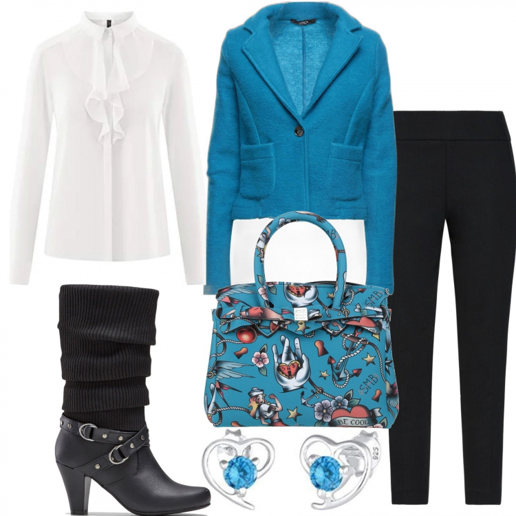 Outfit donna - Borsa cool. Stile Casual chic per Tutti i giorni. Abbinamento con stivali, blazer, borse a mano, pantaloni, camicie, orecchini.