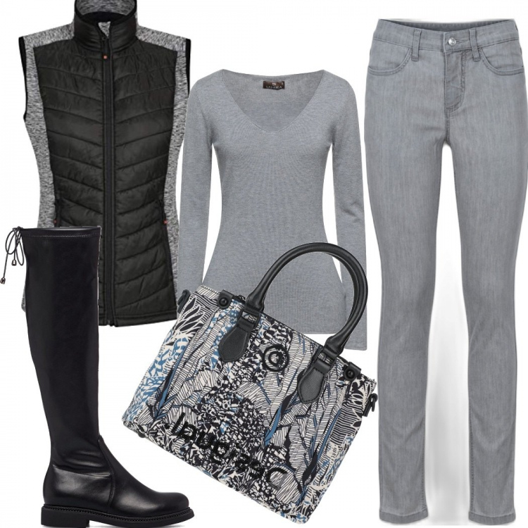 Outfit donna - Pomeriggio libero. Stile Urban per Tutti i giorni. Abbinamento con jeans skinny, borse a mano, pullovers, stivali, piumini.