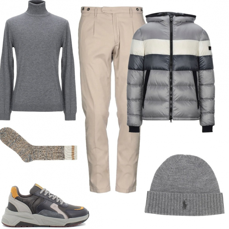 Outfit uomo - Piumino tre colori. Stile Trendy per Tutti i giorni. Abbinamento con cappelli, sneakers, piumini, pantaloni, maglieria, calzini.