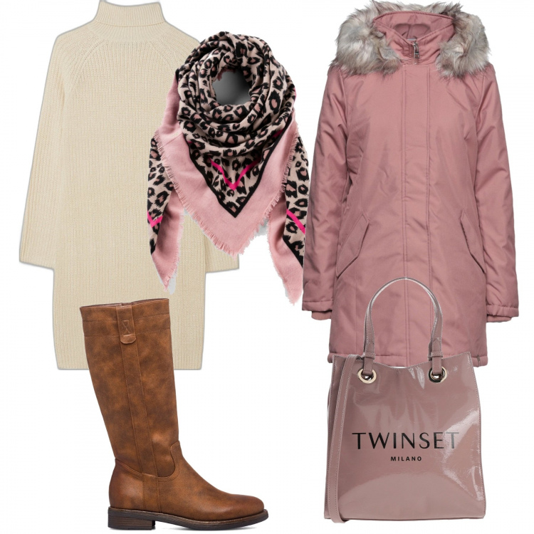 Outfit donna - Total look #1200764. Stile Basic per Tutti i giorni. Abbinamento con foulard, cappotti, borse a mano, vestiti corti, stivali.