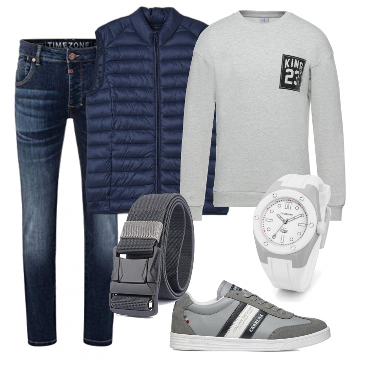 Outfit uomo - Total look #1200808. Stile Casual per Tutti i giorni. Abbinamento con piumini, orologi, sneakers, felpe, jeans skinny, cinture.