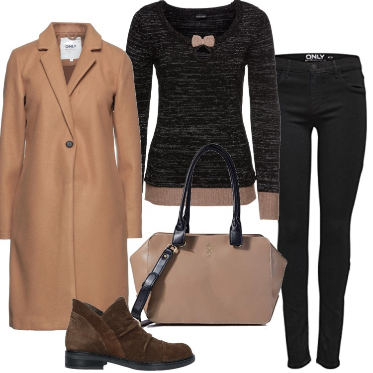 Outfit donna - Casual #11002. Stile Casual per Tutti i giorni. Abbinamento con cappotti, stivaletti, maglieria, jeans skinny, borse a mano.