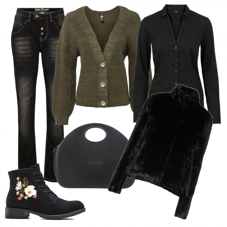 Outfit donna - Al lavoro, informale. Stile Basic per Ufficio. Abbinamento con camicie, cardigans, jeans dritti, vestito lungo, cappotti, borse a mano.