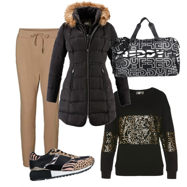 Outfit donna - La felpa con paillettes - curvy. Stile Sporty chic per Tutti i giorni. Abbinamento con giacche, felpe, sneakers, borse sportive, pantaloni.