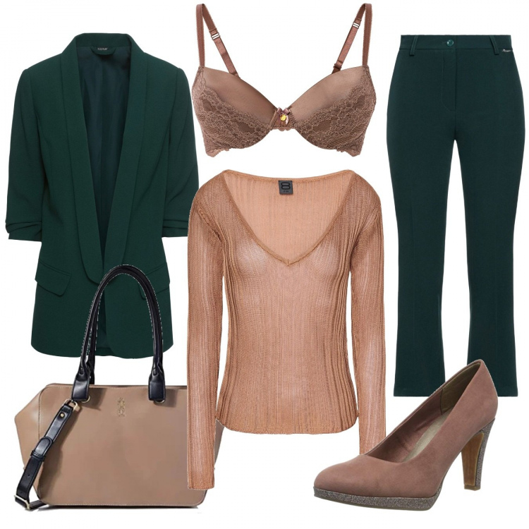 Outfit donna - La maglia vedo-non vedo. Stile Chic per Ufficio. Abbinamento con blazer, pantaloni chino, pullovers, pantaloni, décolleté, borse a mano.