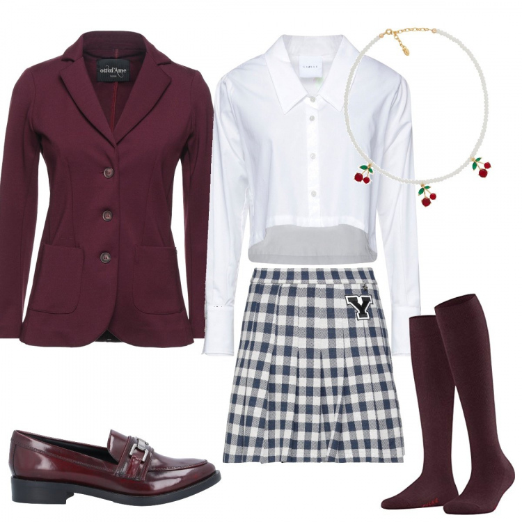 Outfit donna - College style. Stile Bon Ton per Scuola/Università. Abbinamento con blazer, mocassini, minigonne, camicie, collane, calzini.