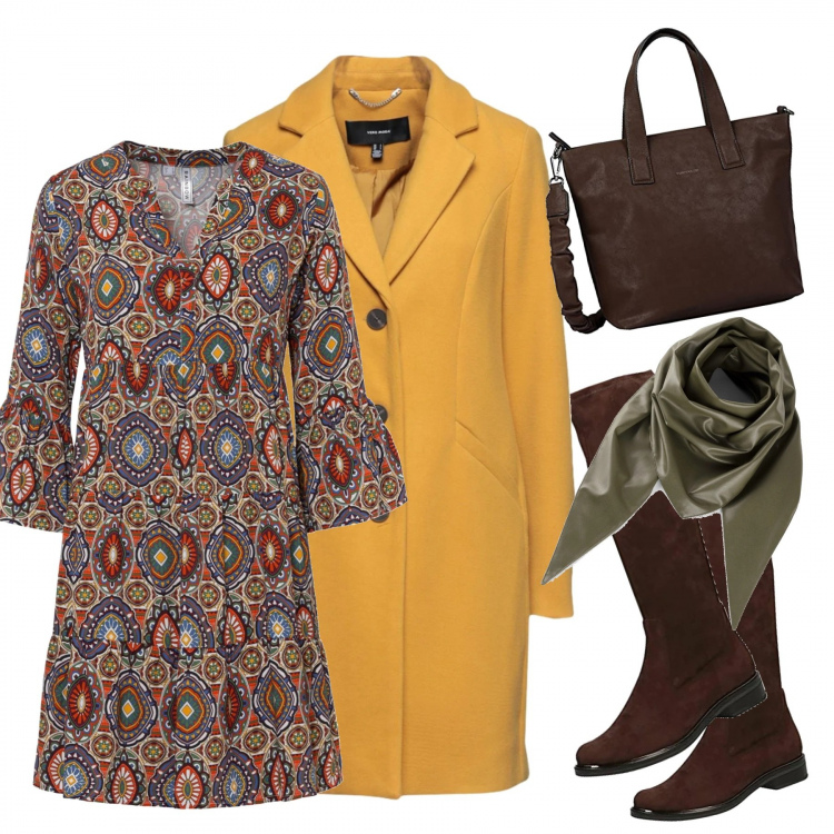 Outfit donna - Il cappotto giallo. Stile Casual chic per Tutti i giorni. Abbinamento con vestiti corti, foulard, cappotti, stivali, shopping bag.