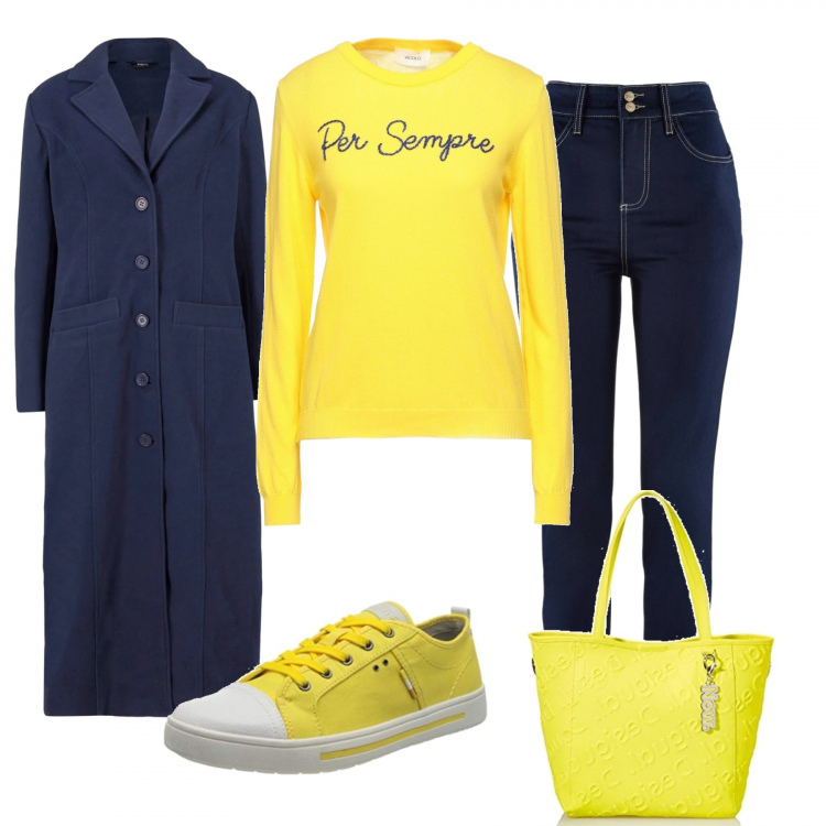 Outfit donna - Total look #1201251. Abbinamento con jeans slim fit, cappotti, pullovers, shopping bag, sneakers.