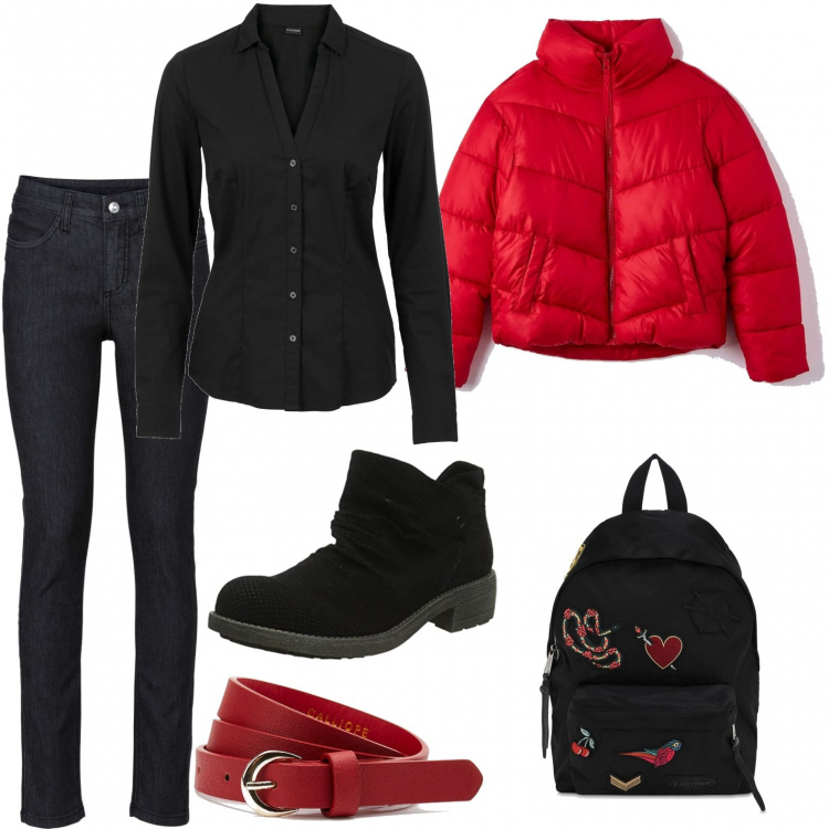 Outfit donna - Uno zaino che mi piace. Stile Casual per Ufficio. Abbinamento con camicie, jeans skinny, cappotti, cinture, zaini, stivaletti.