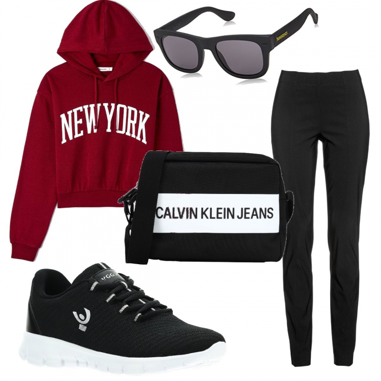 Outfit donna - Felpa New York. Stile Basic per Tutti i giorni. Abbinamento con pantaloni, borse a tracolla, felpe con cappuccio, sneakers, occhiali da sole.