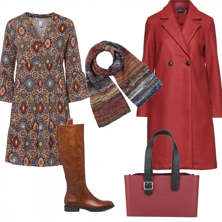 Outfit donna - Giornata felice. Stile Casual chic per Tutti i giorni. Abbinamento con vestiti corti, cappotti, borse a spalla, sciarpe, stivali.