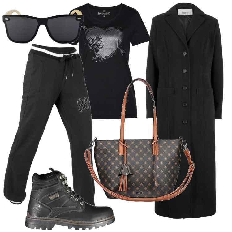 Outfit donna - Sporty chic/Cappotto elegante. Stile Sporty chic per Tutti i giorni. Abbinamento con cappotti, pantaloni sportivi, t-shirt, stivaletti, shopping bag, occhiali da sole.