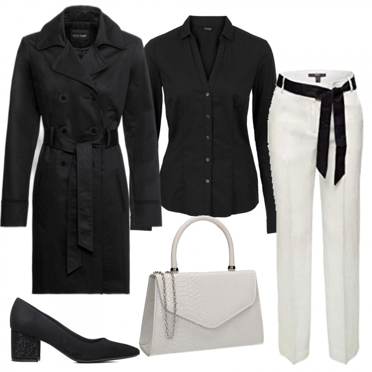 Outfit donna - Colloquio di lavoro. Abbinamento con camicie, trench, décolleté, pantaloni, pochette.