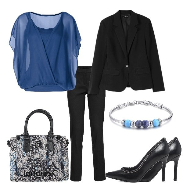 Outfit donna - Casual chic #9869. Stile Casual chic per Ufficio. Abbinamento con pantaloni, bluse, borse a mano, blazer, braccialetti, décolleté.