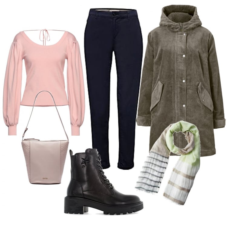 Outfit donna - Semplicemente autunno. Stile Basic per Tutti i giorni. Abbinamento con parka, pullovers, anfibi, pantaloni chino, stole, borse a secchiello.
