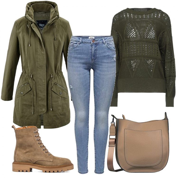 Outfit donna - 2 minuti e arrivo. Stile Basic per Tutti i giorni. Abbinamento con parka, pullovers, anfibi, borse a tracolla, jeans.