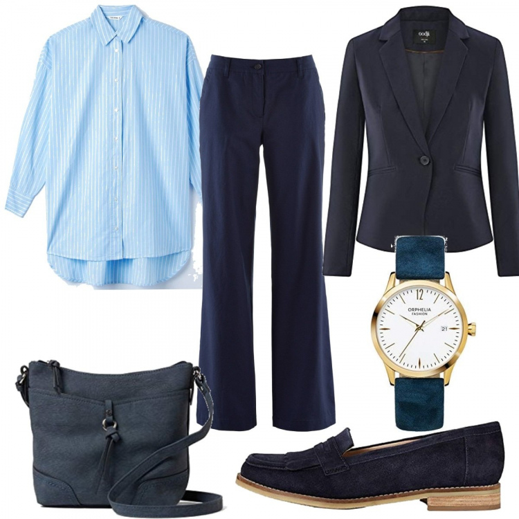 Outfit donna - Mannish in blu. Stile Mannish per Ufficio. Abbinamento con pantaloni, camicie, orologi, blazer, mocassini, borse a tracolla.