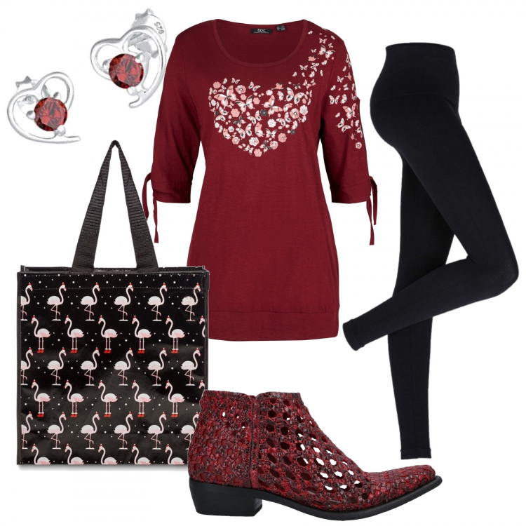 Outfit donna - Aria di feste. Stile Casual per Tutti i giorni. Abbinamento con leggings, maglieria, stivaletti, shopping bag, orecchini.
