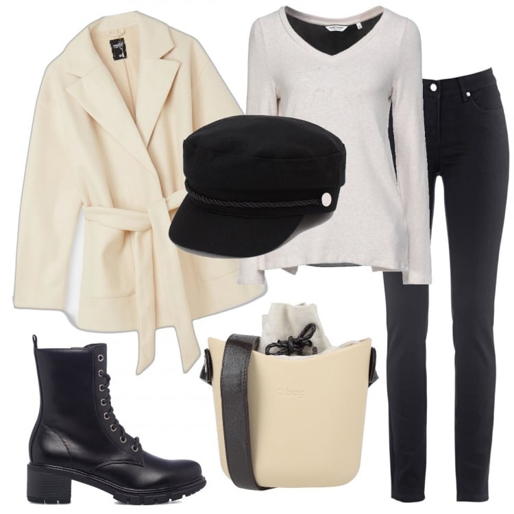 Outfit donna - Praticità basic per la città. Stile Basic per Tutti i giorni. Abbinamento con jeans dritti, borse a tracolla, pullovers, cappotti, cappelli, anfibi.