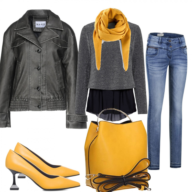 Outfit donna - Greyellow. Stile Casual per Scuola/Università. Abbinamento con foulard, maglieria, giacche, décolleté, borse a tracolla, jeans.