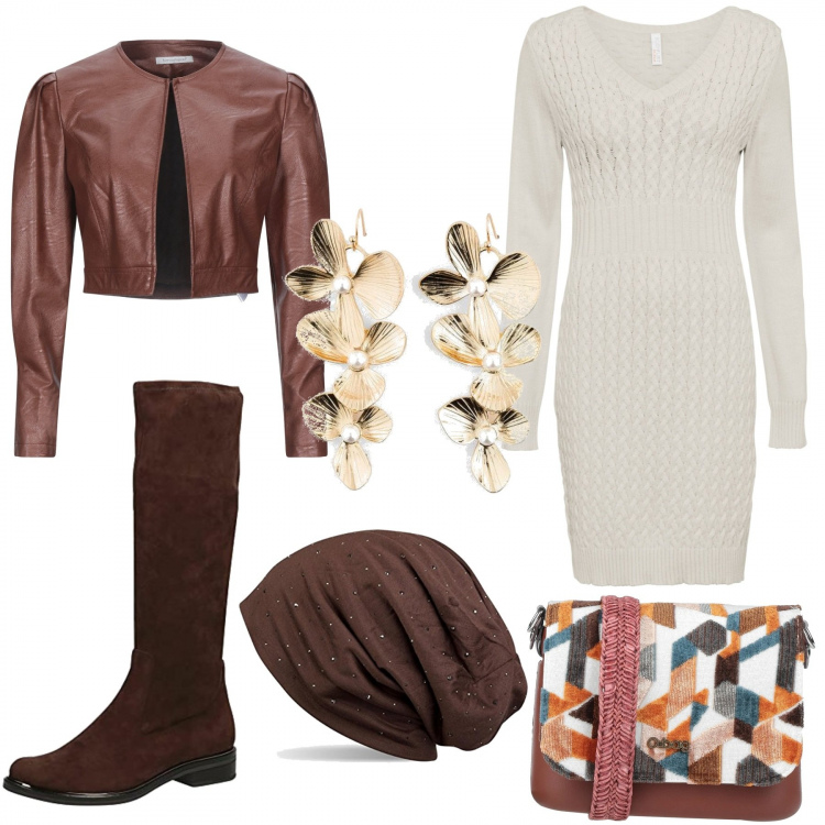 Outfit donna - Total look #1202383. Stile Casual chic per Scuola/Università. Abbinamento con vestiti, orecchini, borse a tracolla, blazer, stivali, berretti.