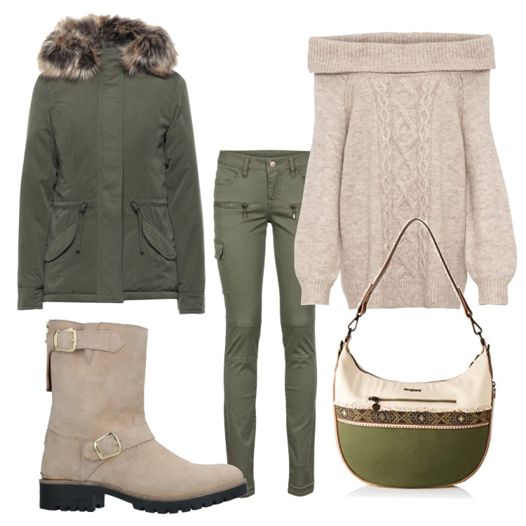 Outfit donna - Total look #1202466. Abbinamento con pantaloni cargo, maglieria, cappotti, stivaletti, borse a spalla.
