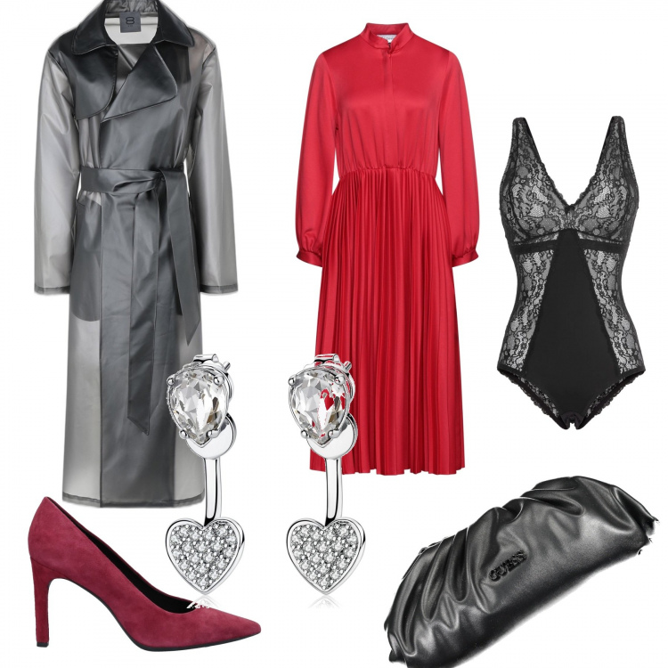 Outfit donna - Rosso di sera. Stile Chic per Serata fuori. Abbinamento con body, trench, décolleté, vestiti midi/longuette, orecchini, pochette.