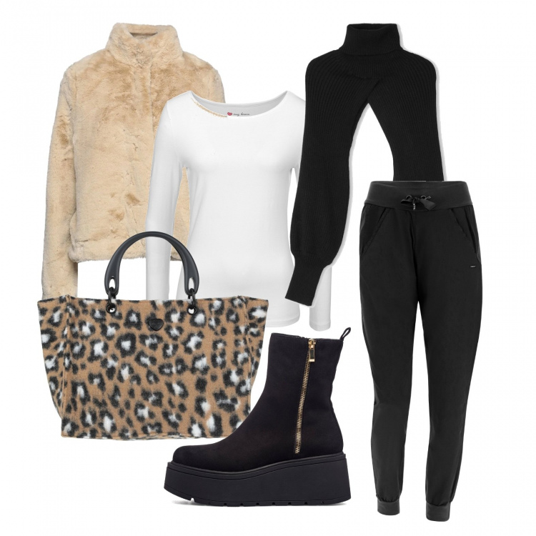 Outfit donna - Dinamica. Stile Casual chic per Tutti i giorni. Abbinamento con borse a mano, cappotti, t-shirt sportive, bolero, pantaloni, stivaletti.