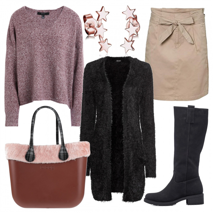 Outfit donna - Total look #1202624. Stile Casual per Tutti i giorni. Abbinamento con cardigans, pullovers, borse a mano, stivali, gonne, orecchini.