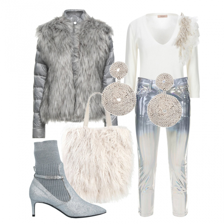 Outfit donna - 50 sfumature di silver. Stile Trendy per Tutti i giorni. Abbinamento con stivaletti, piumini, pullovers, borse a mano, orecchini, pantaloni.