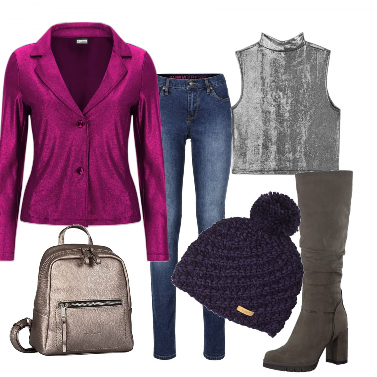 Outfit donna - La giacca fuxia. Stile Casual per Tutti i giorni. Abbinamento con jeans skinny, top, giacche, stivali, zaini, berretti.