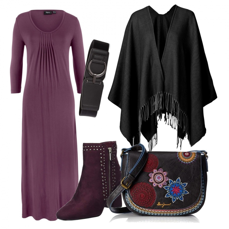 Outfit donna - Inverno etnico. Stile Etnico per Tutti i giorni. Abbinamento con cinture, vestiti lunghi, cappotti, borse a tracolla, stivaletti.