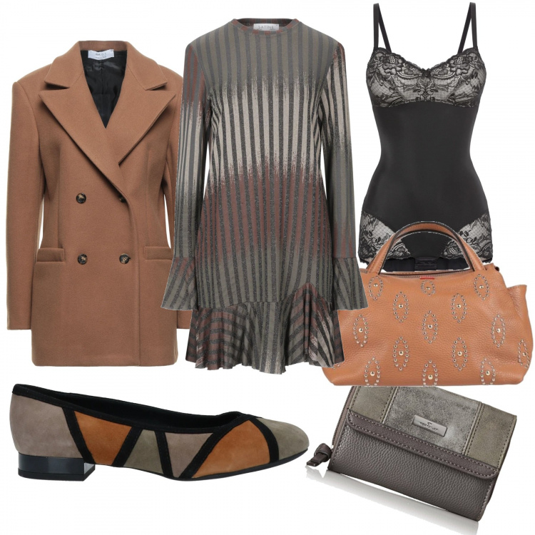 Outfit donna - Total look #1202679. Stile Casual per Ufficio. Abbinamento con body, vestiti corti, cappotti, borse a mano, ballerine, portafogli.