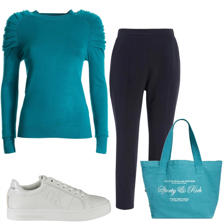 Outfit donna - Un basic particolare. Stile Basic per Tutti i giorni. Abbinamento con maglieria, pantaloni, shopping bag, sneakers.