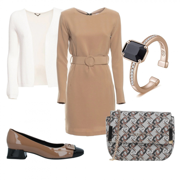Outfit donna - Bon ton in ufficio. Stile Bon Ton per Ufficio. Abbinamento con borse a tracolla, mocassini, vestiti a tubino, cardigans, anelli.