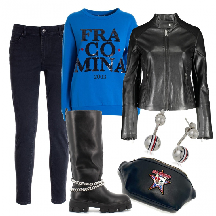 Outfit donna - Black week black look. Stile Rock per Tutti i giorni. Abbinamento con felpe, jeans skinny, anfibi, giacche sportive, marsupi, orecchini.