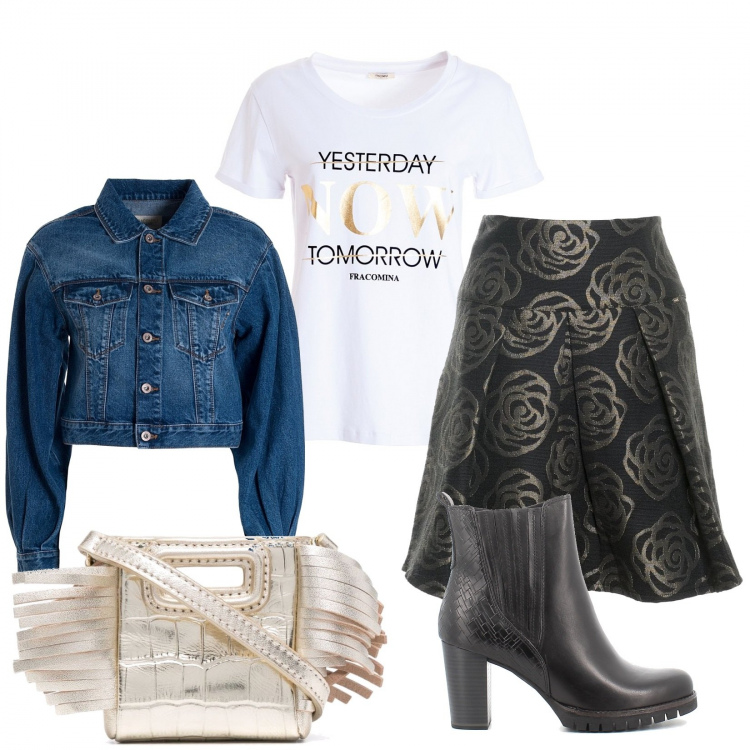 Outfit donna - Yesterday NOW tomorrow. Stile Urban per Tutti i giorni. Abbinamento con minigonne, t-shirt, giacche, borse a tracolla, stivaletti.