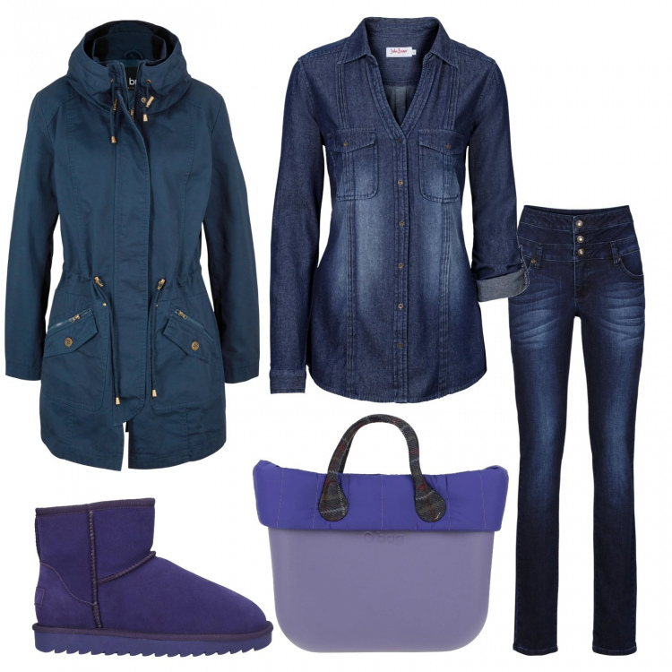 Outfit donna - Stile Ugg. Stile Casual per Tutti i giorni. Abbinamento con parka, camicie, jeans skinny, borse a mano, stivaletti.