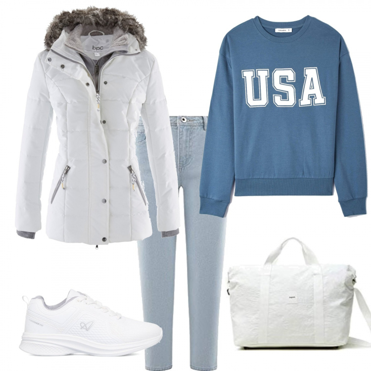 Outfit donna - Total look #1202978. Abbinamento con piumini, t-shirt, scarpe sportive, valigie, jeans mom.